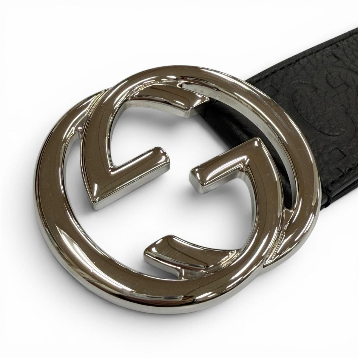 Gucci Leather GG Pattern Interlocking Buckle Wide Belt Black Silver